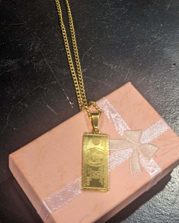 Gold Plated Supreme on Stainless Steel Necklace with $100 Bill Charm (24" Length) - Image 2